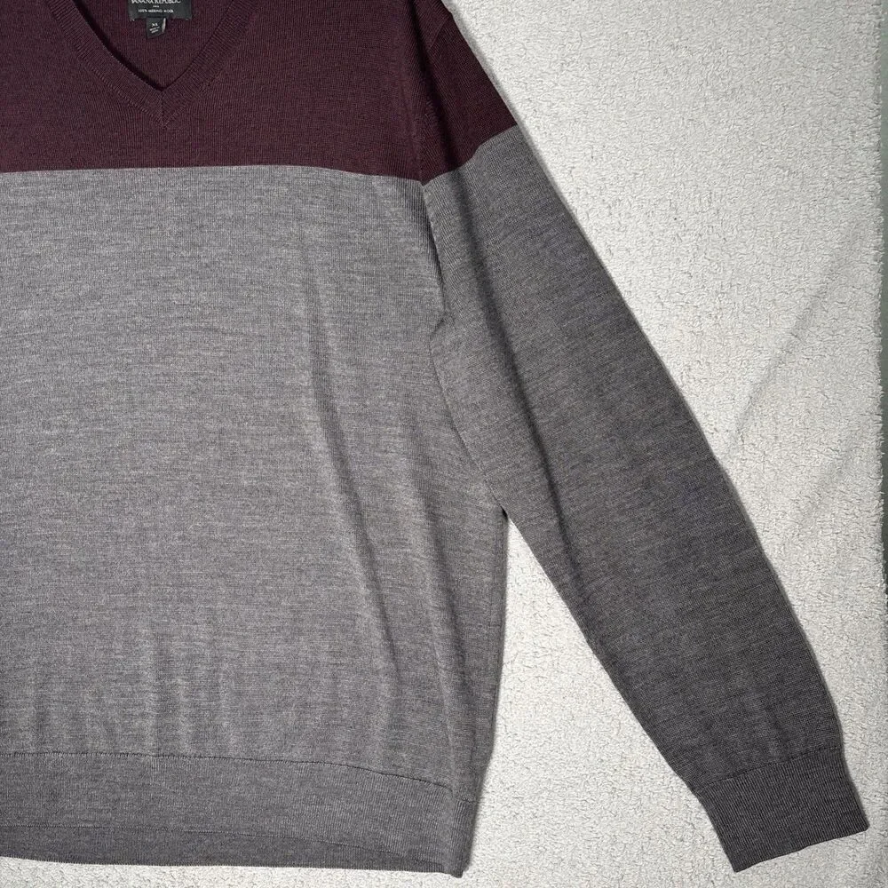 Banana Republic Mens Size XL Merino Wool Long Sleeve‎ V Neck Sweater Grey Preppy
